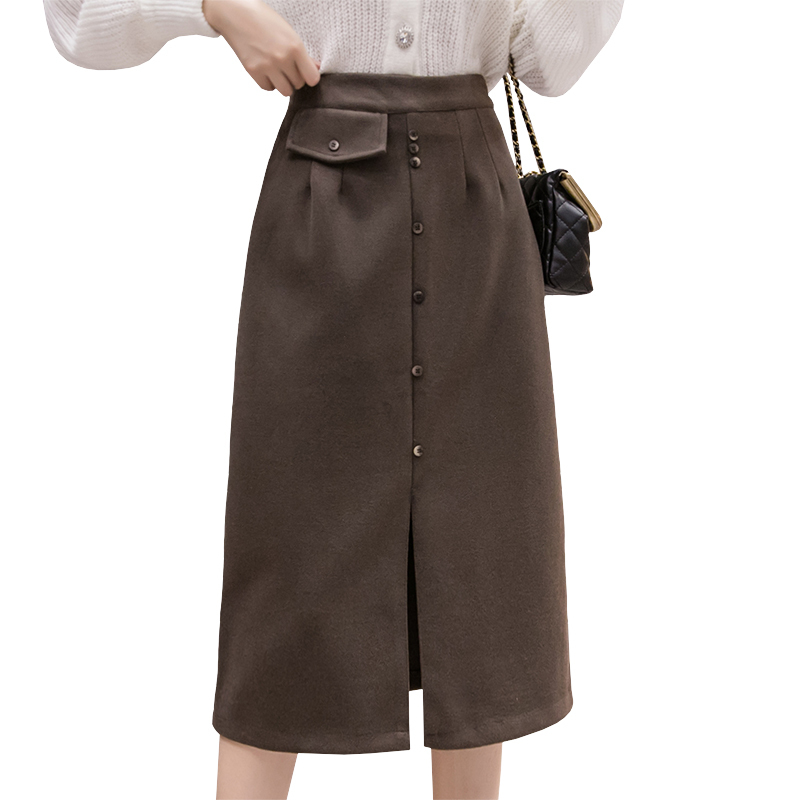 High Waist Slim Mid-length Fashion Woolen H-line Skirt Female Side Slit Single Breaste Hip Woman Faldas 12132 210508
