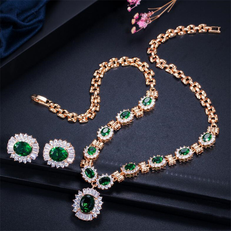 Choucong Brand Vintage Jewelry Set 18K Gold Fill Full Oval Cut Multi Color 5A Cubic Zircon Necklace Stud Stunning Earrings Women Wedding Bridal Jewell