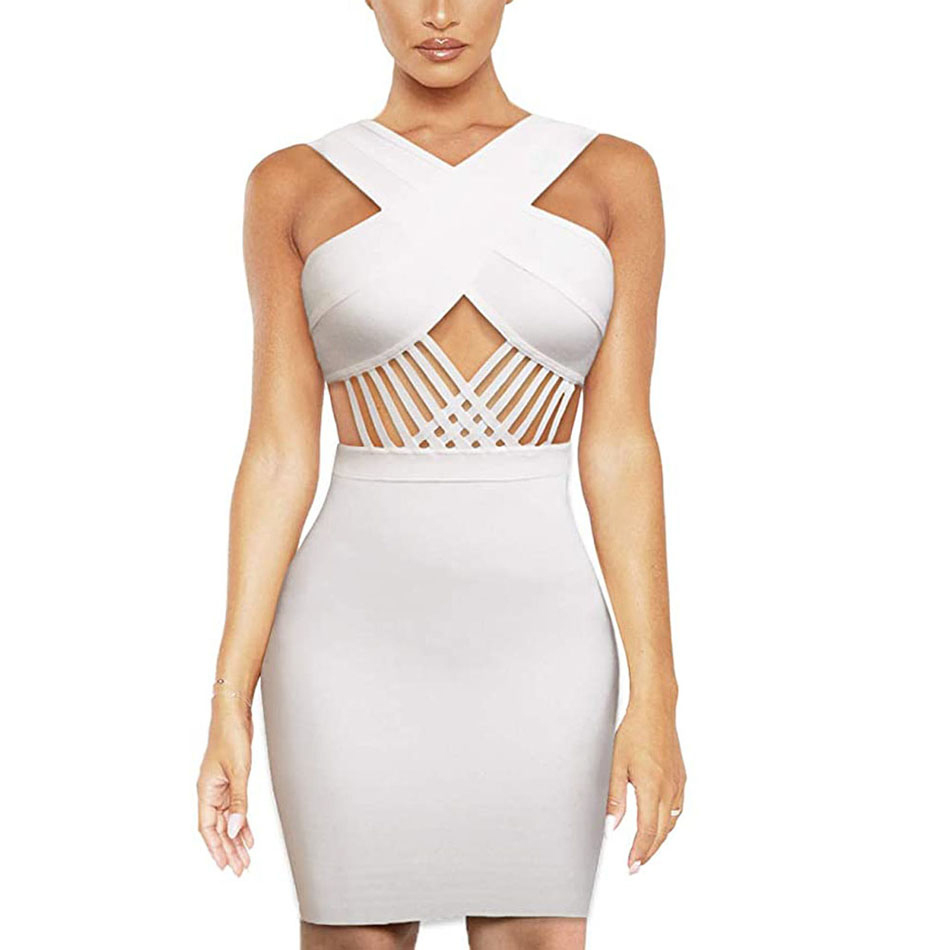 Free Chic Women Bandage Dress Sexy V-neck Sleeveless Bodycon Waist Hollow Celebrity Club Party Vestidos 210524