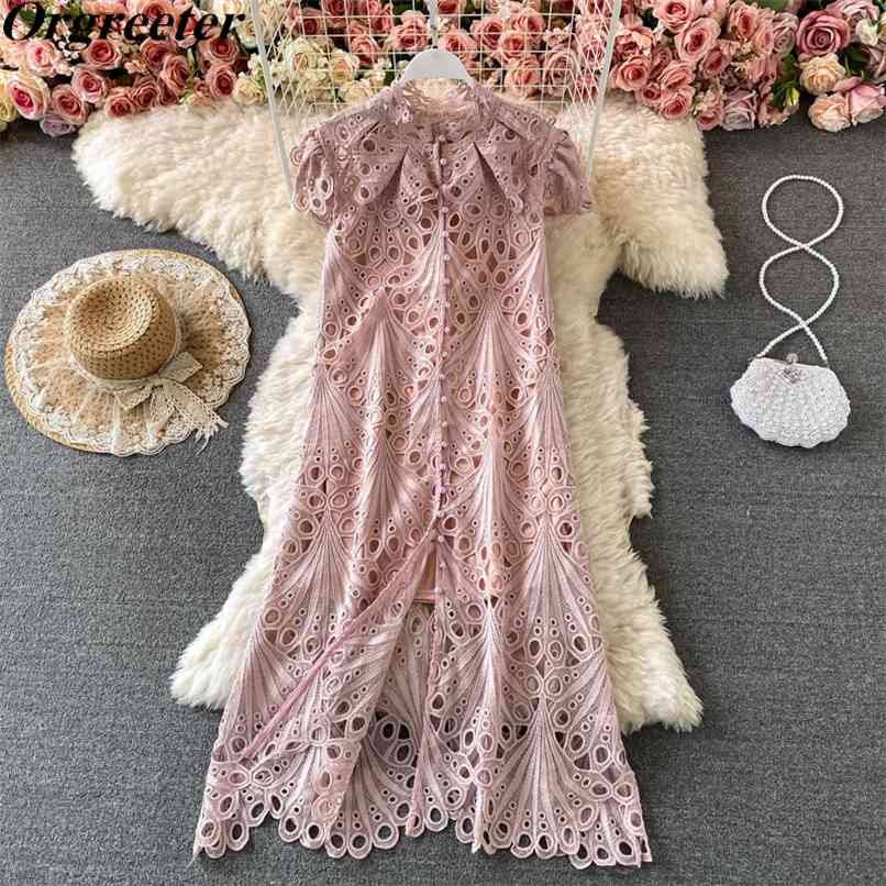 Chic Design Hollow out Lace Dress for Women Summer Stand collar Short Sleeve Single-breasted Ruffles Long Suits 210602, Beige
Chic Design Hollow out Lace Dress for Women Summer Stand collar Short Sleeve Single-breasted Ruffles Long Suits 210602, Beige