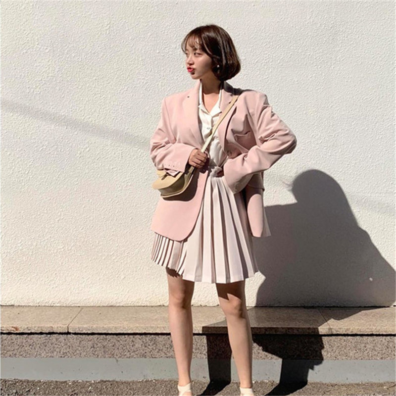 Gentle Pink Full Sleeves All Match Autumn Slender Chic Loose Plus Size Streetwear High Quality OL Women Blazers 210421