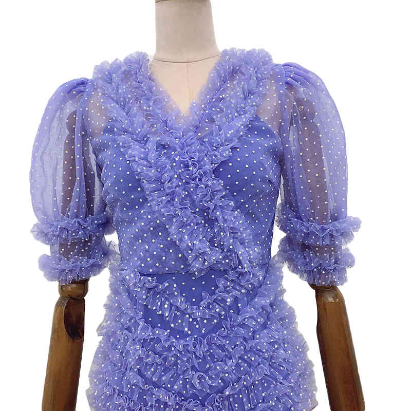 VGH Patchwork Mesh Dot Dress For Women V Neck Short Sleeve High Waist Hit Color Summer Dresses Female Fashion New Tide Clothing 210421