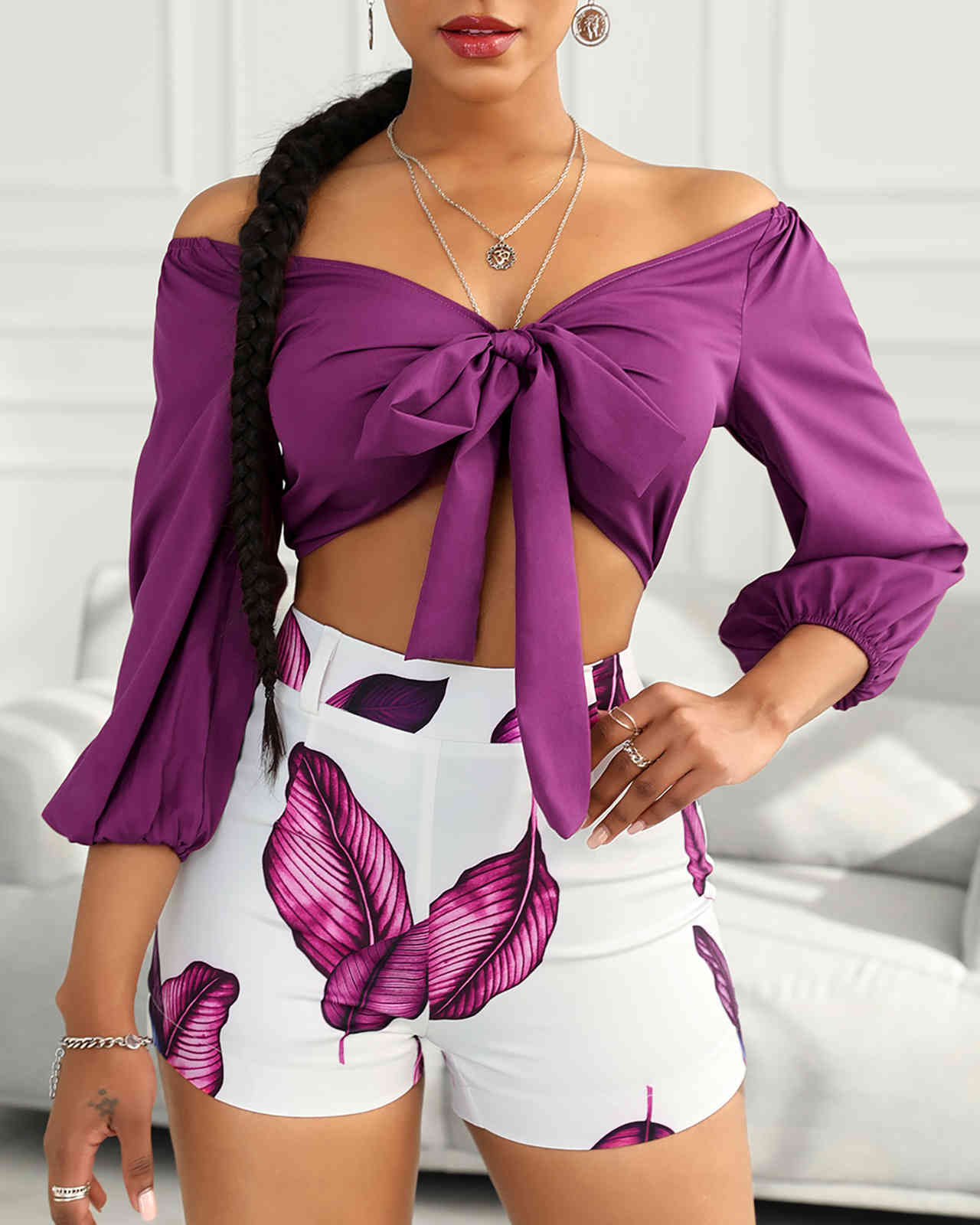 Summer Women Solid Tie Front Top & Shorts Set New Femme Casual Off-Shoulder Mid Sleeve Blouse & Short Pants Suits 210415