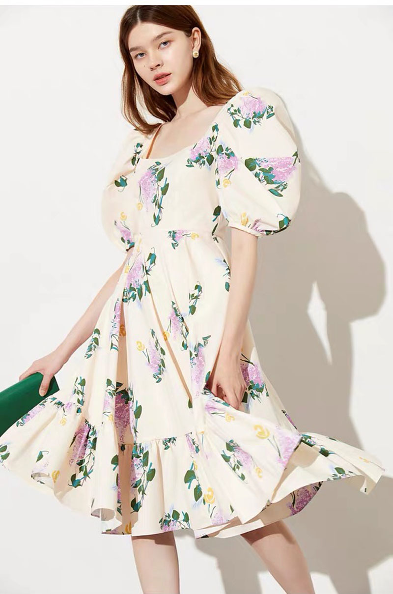 Retro Women Burgundy Dress Vintage Floral Printed Backles Square Collar Puff Sleeve Sexy Lady Midi Dresses Vestidos 210421