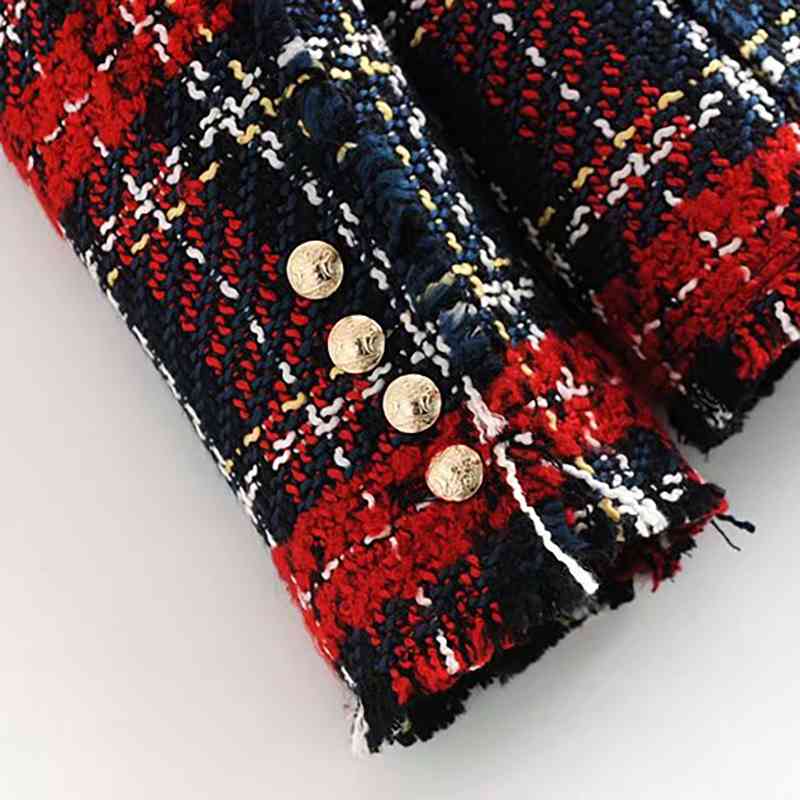 Vintage Women Red Plaid Tweed Blazer Coat Elegant Double Breasted Tassel Suit Jacket Winter Long Sleeve Office Outerwear 210515