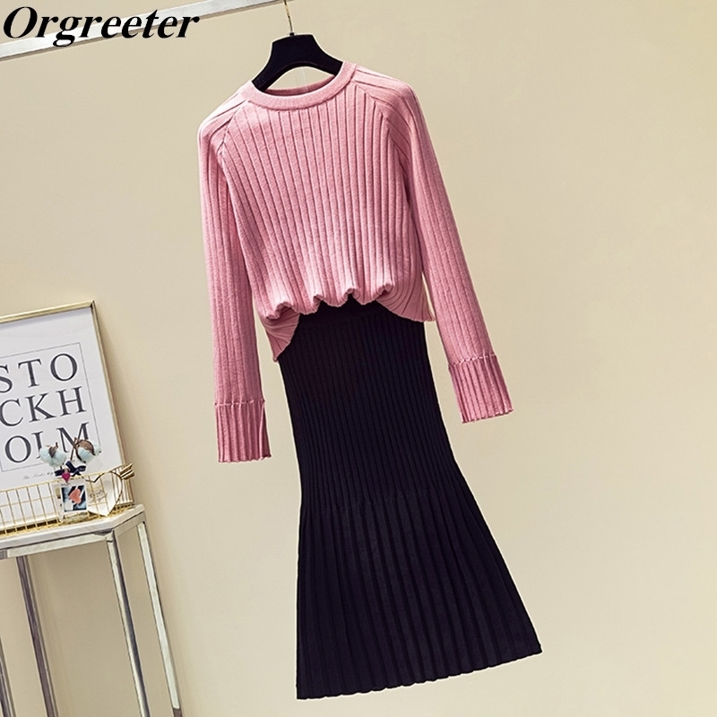 Women Pink Long sleeve Knitted Pullover Sweater +2 piece set Vintage Black Knit Mid Skirt Set 210525
Women Pink Long sleeve Knitted Pullover Sweater +2 piece set Vintage Black Knit Mid Skirt Set 210525