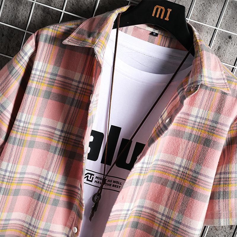 Harajuku Fashion Mens Plaid Shirts Short Sleeve Cotton Striped Male Streetwear Summer Tops Dress Chemise Homme Plus Size Men's Casual