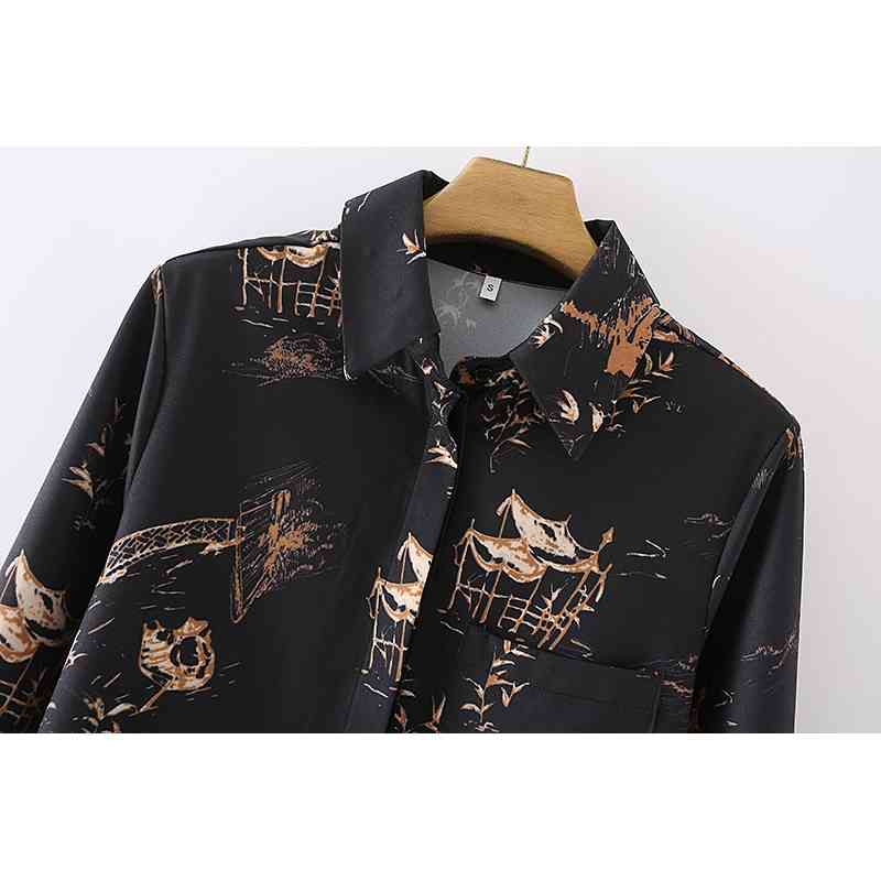 Vintage Women Black Print Shirts Fashion Ladies Turn Down Collar Tops Chinese Style Female Chic Pocket Blouses 210527
