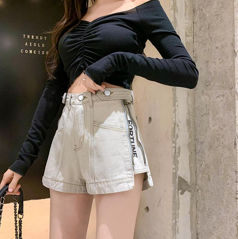 Spring And Summer Wide Leg Loose Thin Wild Side Zipper Denim Shorts Women's High Waist A Word Short