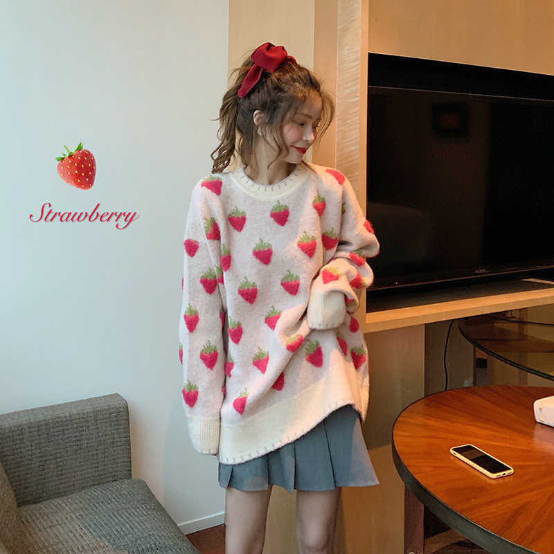 Winter Knitted Sweater Women Strawberry Embroidery Oversized Pullovers Harajuku Casual O-Neck Loose Knitwear Jumper Sueter Mujer 210914