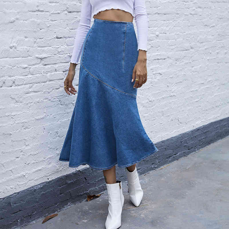 Fashion denim Cotton Ruffles Hip pencil long skirt Womens autumn winter Denim Skirt womens Mid-Calf Vintage skirts 210508
