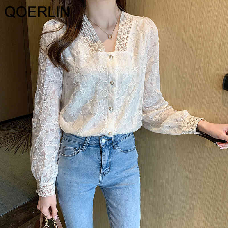 QOERLIN S2XL Chic Elegant Vneck Lantern Sleeve Shirt Blouse Women Korean Sweet Plus Size Apricot Hollow Out Tops Blusa Mujer 210412