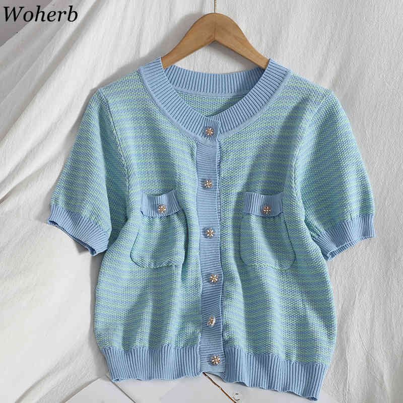 Vintage Elegant Knitted Cardigan Women Short Sleeve Striped Button Up Sweet Ladies Summer Korean Fashion Female Tops 210519