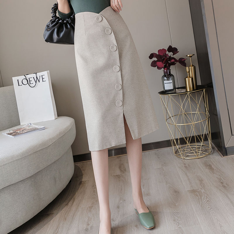 Arrival Autumn Korea Fashion Women High Waist Single-breasted Asymmetrical Long Skirt Elegant Slim OL Skirts S290 210512