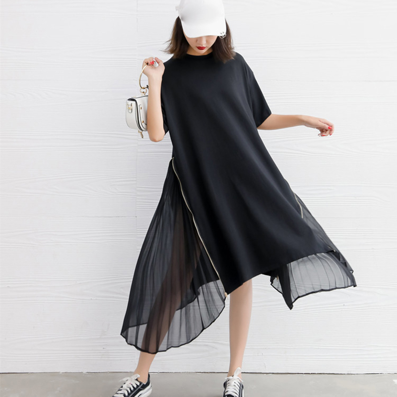 Spring Summer Woman New Black Color Short Sleeve O-neck Long Loose Spliced Pleated Chiffon Irregular Dress LI435 210331
