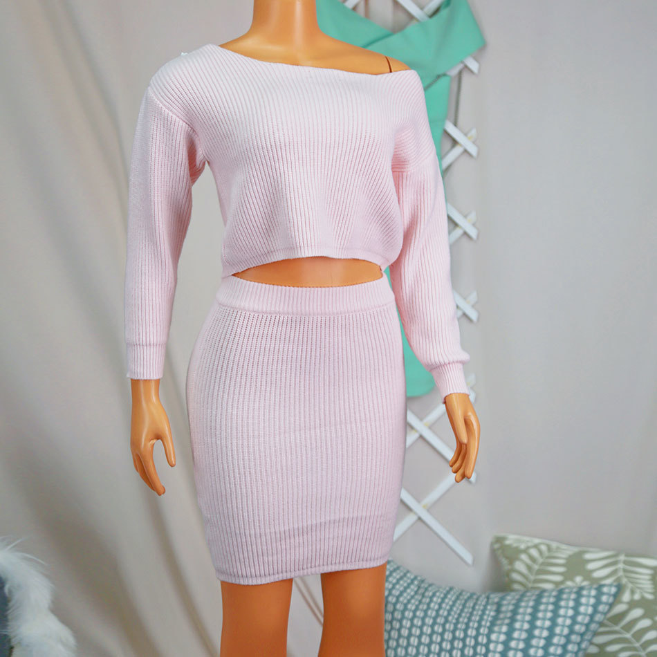 Free Autumn Knitted Sweater Set Women's Elegant Pullover Short Knit & Tight Skirt Fashion 2 Two Piece 210524