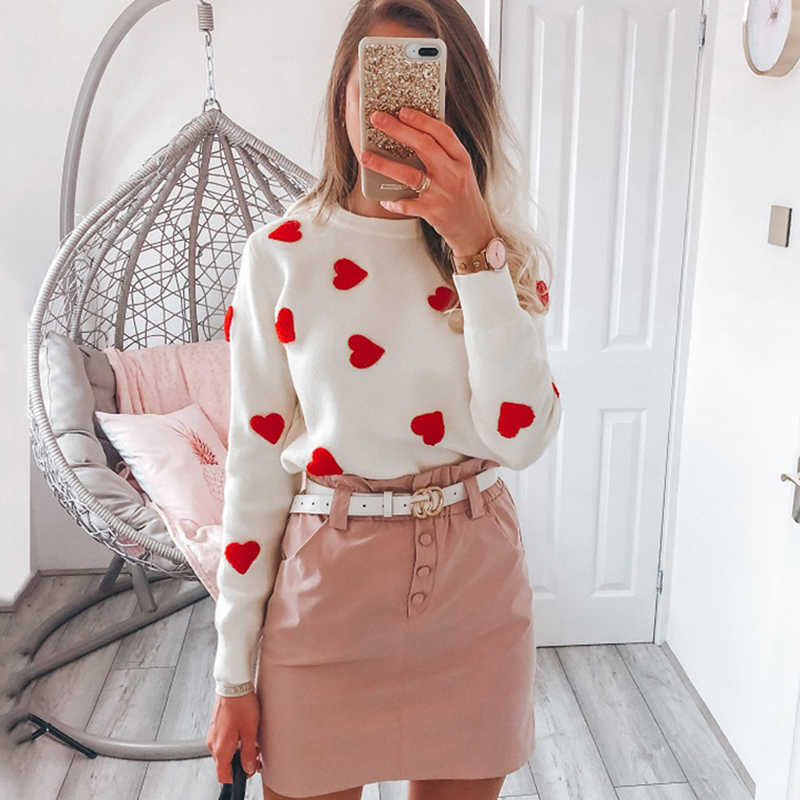 Spring Embroidery Heart Women Sweater O-Neck Kawaii Fashion Pullover Loose Jumper Long Sleeve Knitwear Female C-257 211007