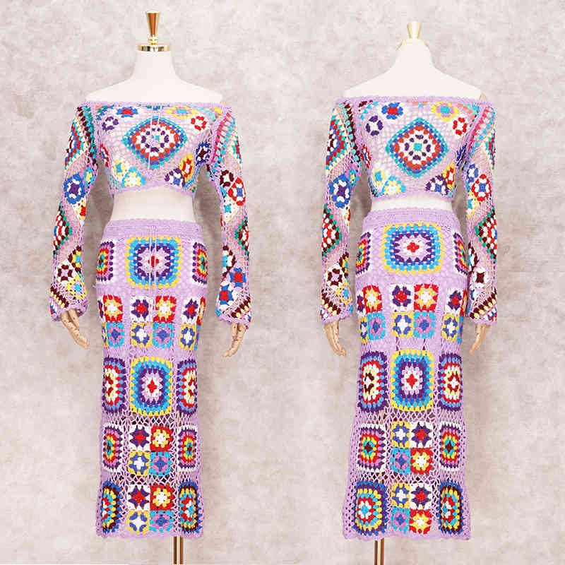 Sexy Bikini Cover-ups Handmade Crochet Boho Off Shoulder Two-Pieces Suit Maxi Dress Vintage Women Beach Cover up Chic Skirt A443 210420