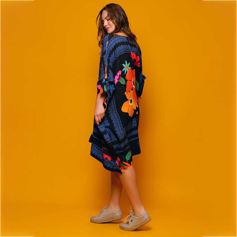 Women Dress Batwing Sleeve Plus Size Print Flowers Bohemian Beach es Summer Clothes Fashion 210513