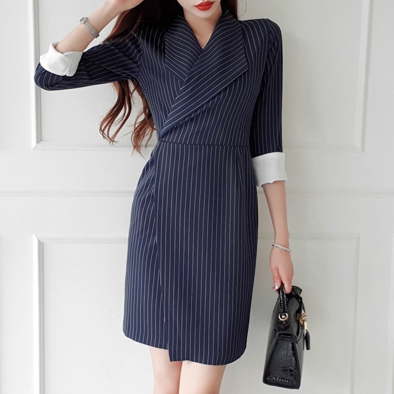 Arrival Stripe Blazer Dress Women Korea OL Elegant Autumn And Summer Chic Dresses Vestidos 210520