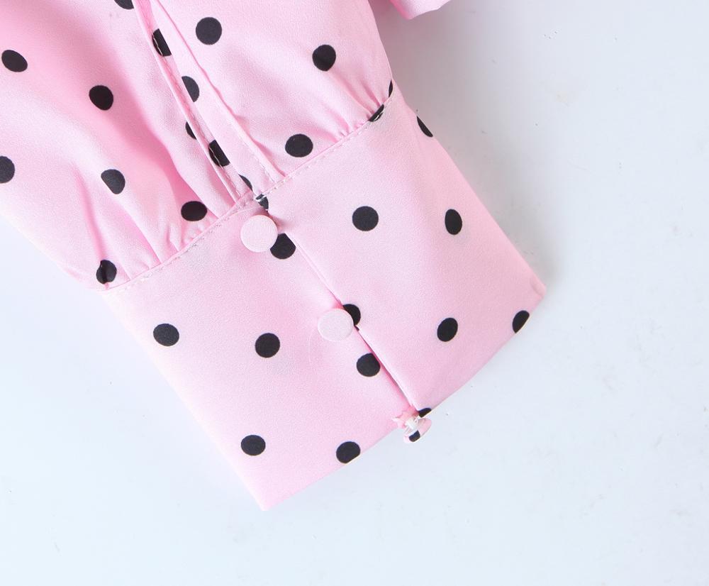Spring Wood ear Lapel Collar Polka Dot Print Pink Long Sleeve Shirt Sweet Women Center Buttons Blouse Loose Tops 210429
