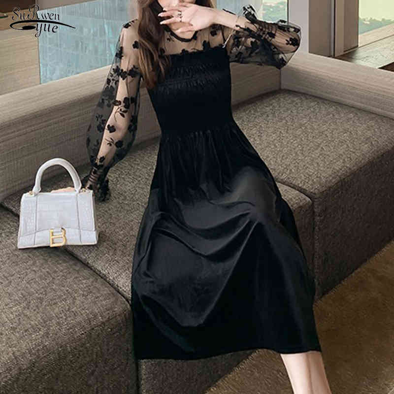 Korean Mesh Velvet Sexy Dress Women Autumn Winter Midi Black Embroidery Vinatge Zipper Ladies es Vestidos 12557 210508