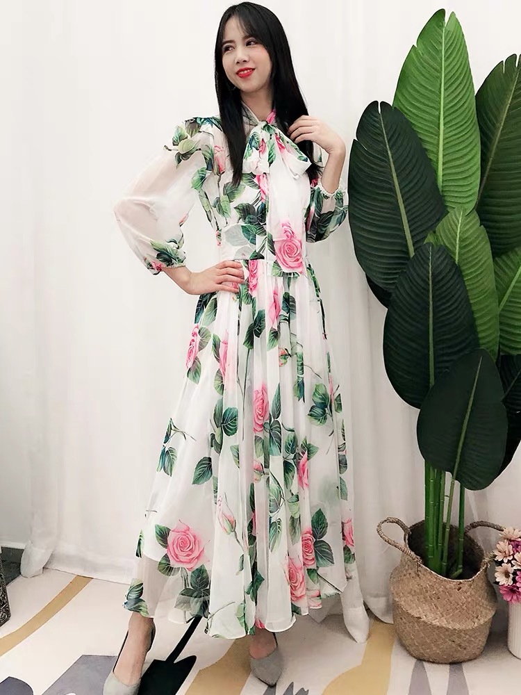 Spring Summer Runway Vintage Rose Flower Print Party White Dresses Women's Elegant Bow Collar DinnerBoho Beach Midi Dress 210421