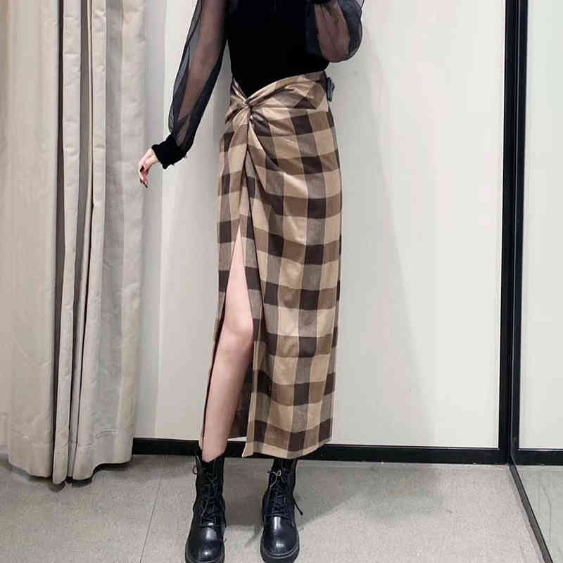 Vintage Elegant Plaid Women Skirts Lady Office Autumn Pencil Long Girls Skirt Female Mid-Calf Mujer skirt 210422