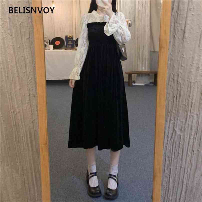 Women Dresses Lace Patchwork Flare Sleeve Gentle French Elegant Autumn Velvet Female Fashion Mid-Calf Retro Long Vestidos 210520, Black
Women Dresses Lace Patchwork Flare Sleeve Gentle French Elegant Autumn Velvet Female Fashion Mid-Calf Retro Long Vestidos 210520, Black
