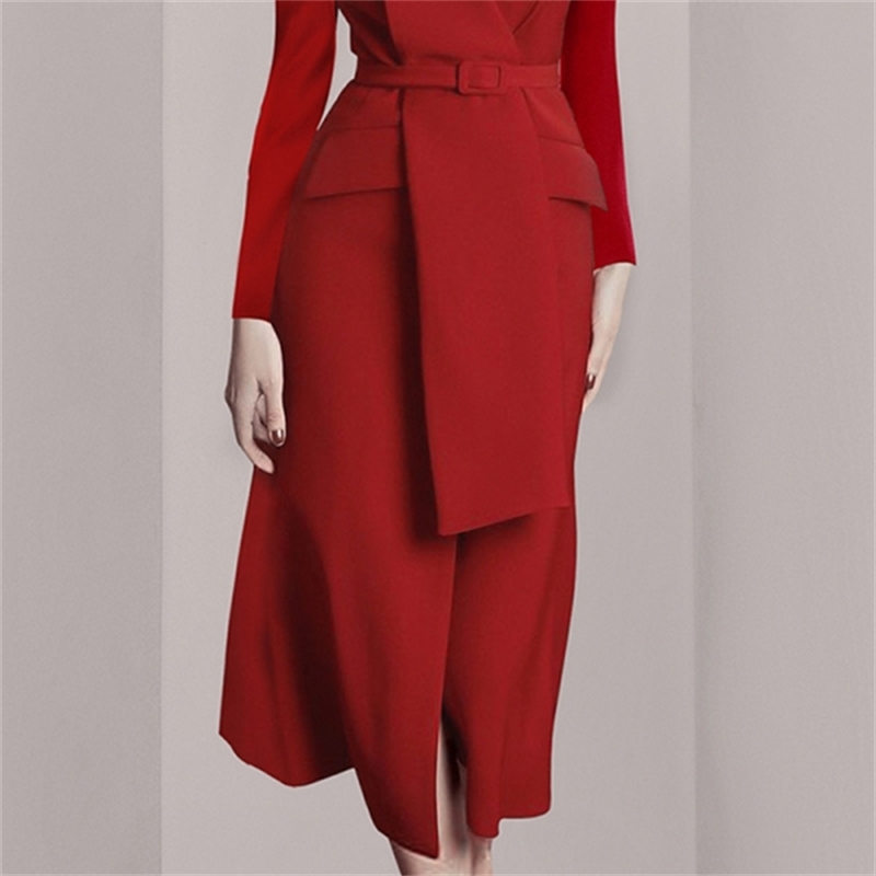 High Quality OL Ladies -end Red Notched neck Long sleeve Blazer Dress Vintage Waist Party vestidos 210519