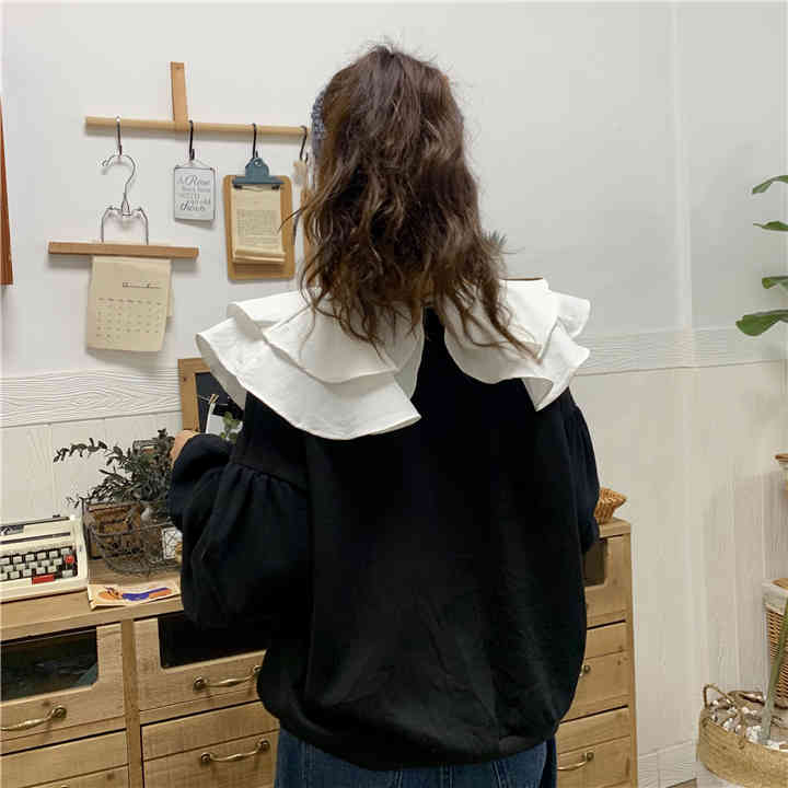 Nomikuma Women Sweatshirt Double Ruffle Peter Pan Collar Sweet Pullover Tops Autumn Korean Causal Long Sleeve Hoodie 6C246 210427