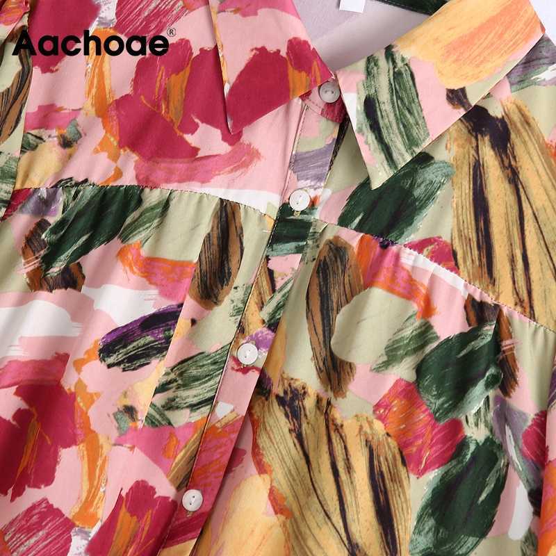 Aachoae Women Vintage Printed Mini Dress Summer Puff Short Sleeve Chic Dresses Turn Down Collar Loose Shirt Dress Vestidos 210630