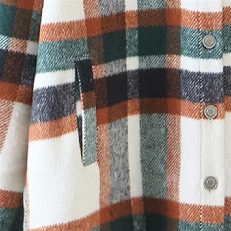 Vintage Stylish Orange And Green Plaid Jacket Coat Women Fashion Lapel Collar Long Sleeve Loose Outerwear Chic Tops 210520