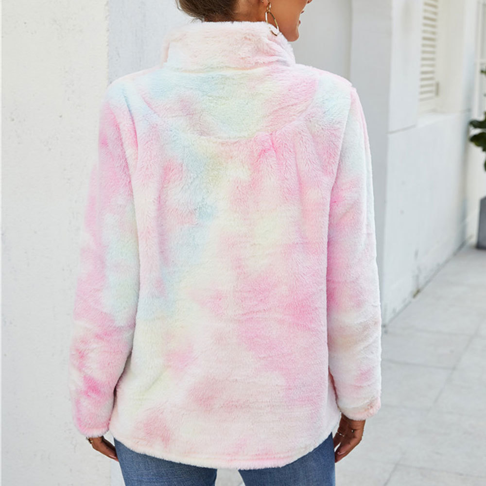Autumn Winter Zipper Turtleneck Colorful Fleece Hoodies Fashion Rainbow Tie Dye Sweatshirt for Women Oversized Flannel Tops 210428