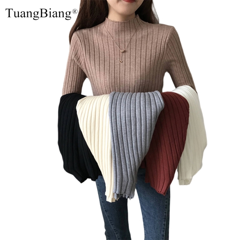 Turtleneck Pullovers Elastic Slim Women Sweater, Khaki Knit Tops, Autumn Winter Basic Ribbed Jumpers