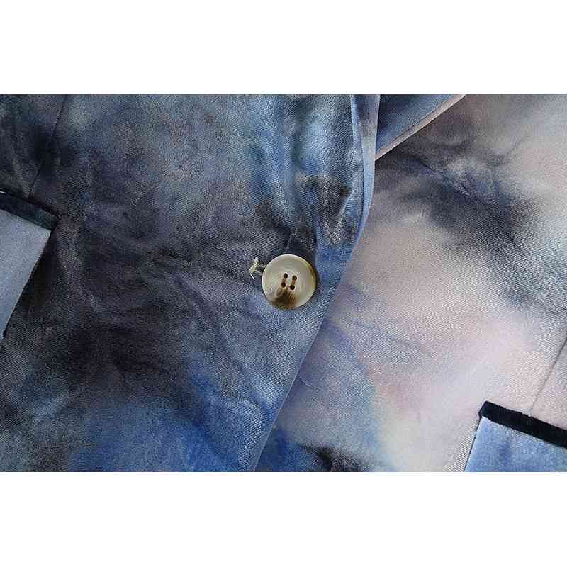 Causal Women Blue Tie-Dye Velvet Jacket Fashion Ladies V-Neck Singles Button Coats Streetwear Female Chic Slim Jackets 210527