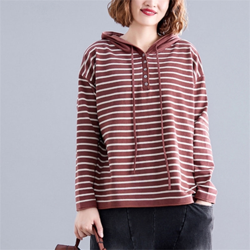 Spring Autumn Arts Style Women Long Sleeve Loose Hooded Pullovers All-matched Casual Striped Knitted Hoodies Big Size M649 210512