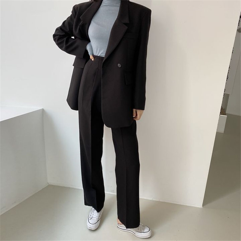 Black Chic Casual Femme Plus Size Elegance Women Blazers+ Straight Solid Pants Loose Suits Set 2 Piece Sets 210421