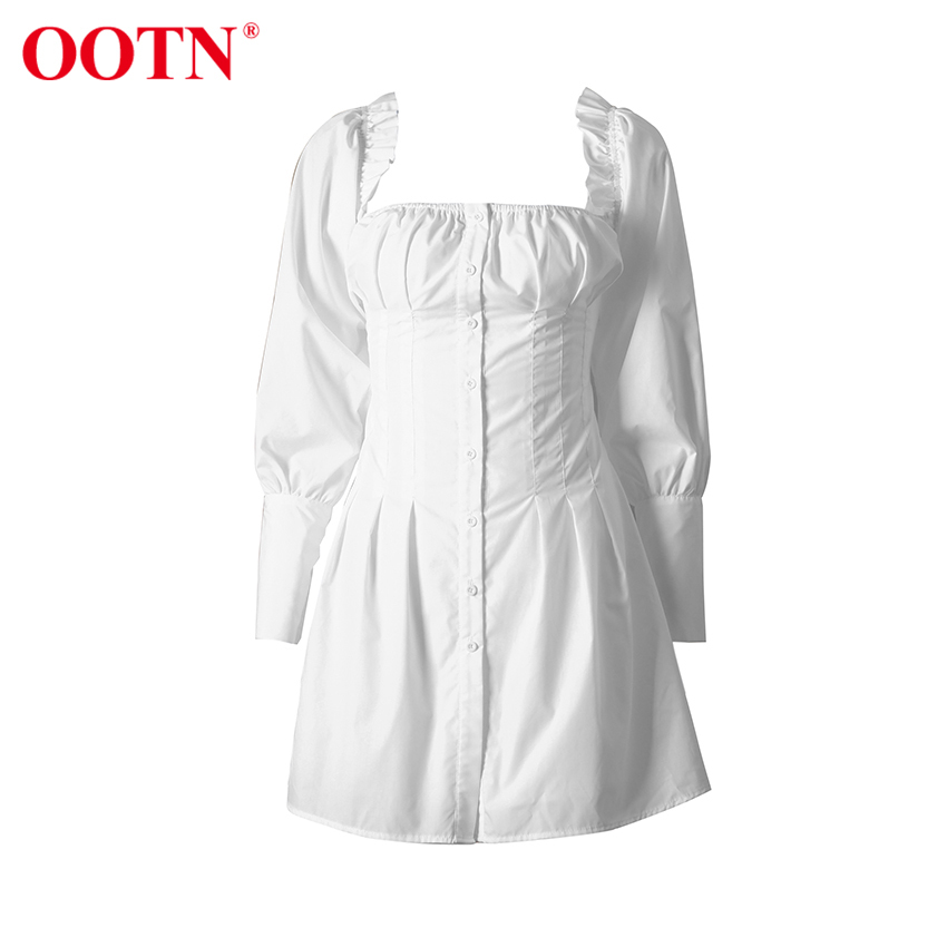 OOTN Sexy Off Shoulder White Tunic Dress Pleated Summer Women Long Sleeve Shirt Dress Female Ruffle Party Mini Dresses Elegant 210409