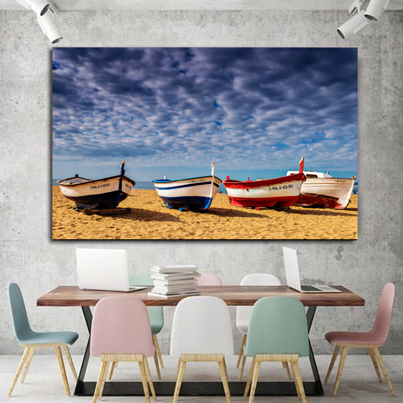 Modern Large Size Landscape Poster Wall Art Canvas Painting Boat Beach Picture HD Printing For Living Room Bedroom Decoration