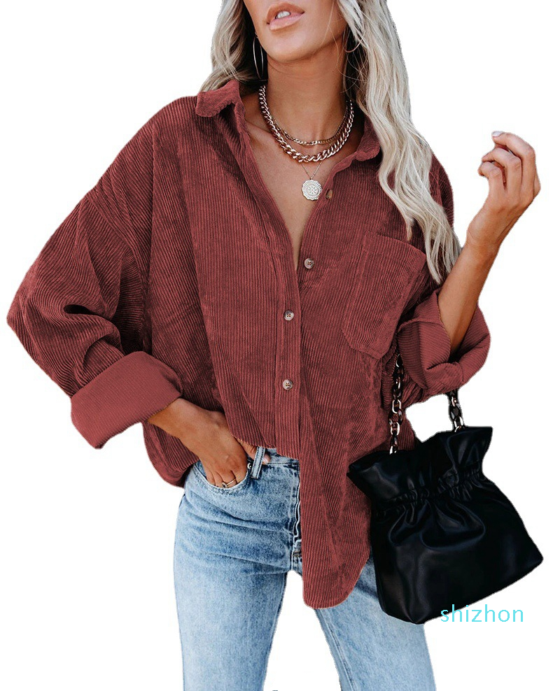 2022 fashion Women Apparel Autumn Winter Corduroy Oversize Shirts Blouses Casual Loose Long Sleeve Single-Breasted Turn Down Collar