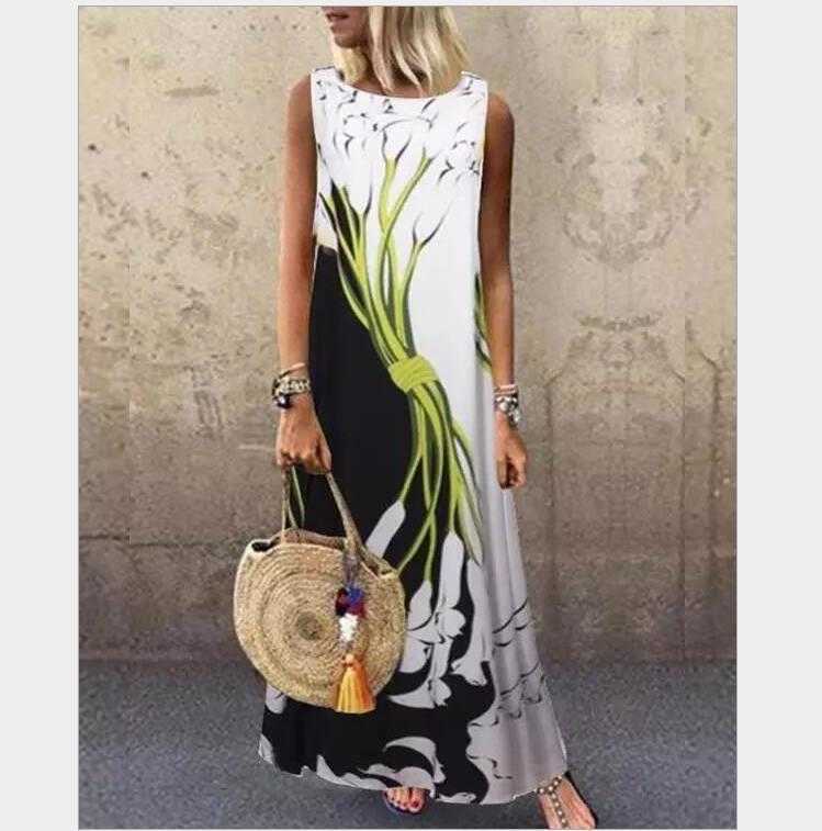 Women Summer Maxi Dress Elegant O Neck Floral Butterfly Sexy Plus Size Casual Linen Loose Sleeveless Print Beach Sundress 210526