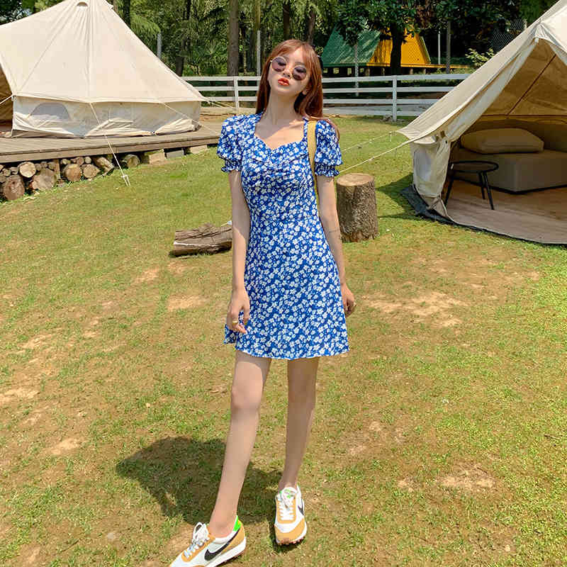 Comelsexy French Ruffle Women Sexy Floral Split Dress Office Lady Korean Style Summer Elegant Chiffon Slim Boho Skirt Vestidos 210515