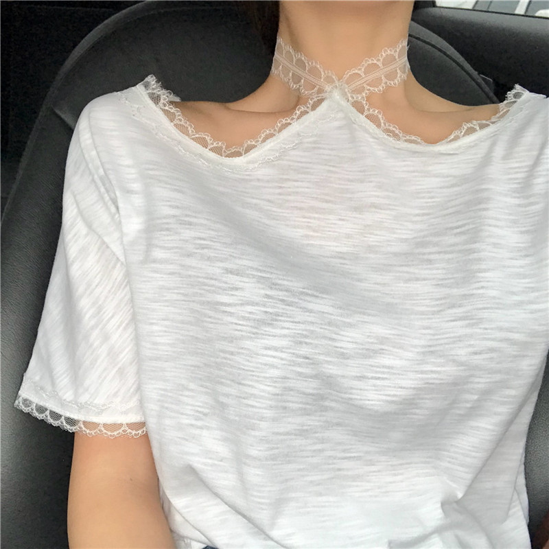Arrival Summer Lace Patchwork Vintage T Shirt Short Sleeve Korean Fashion Sexy Halter Casual Shirts Femme 210519