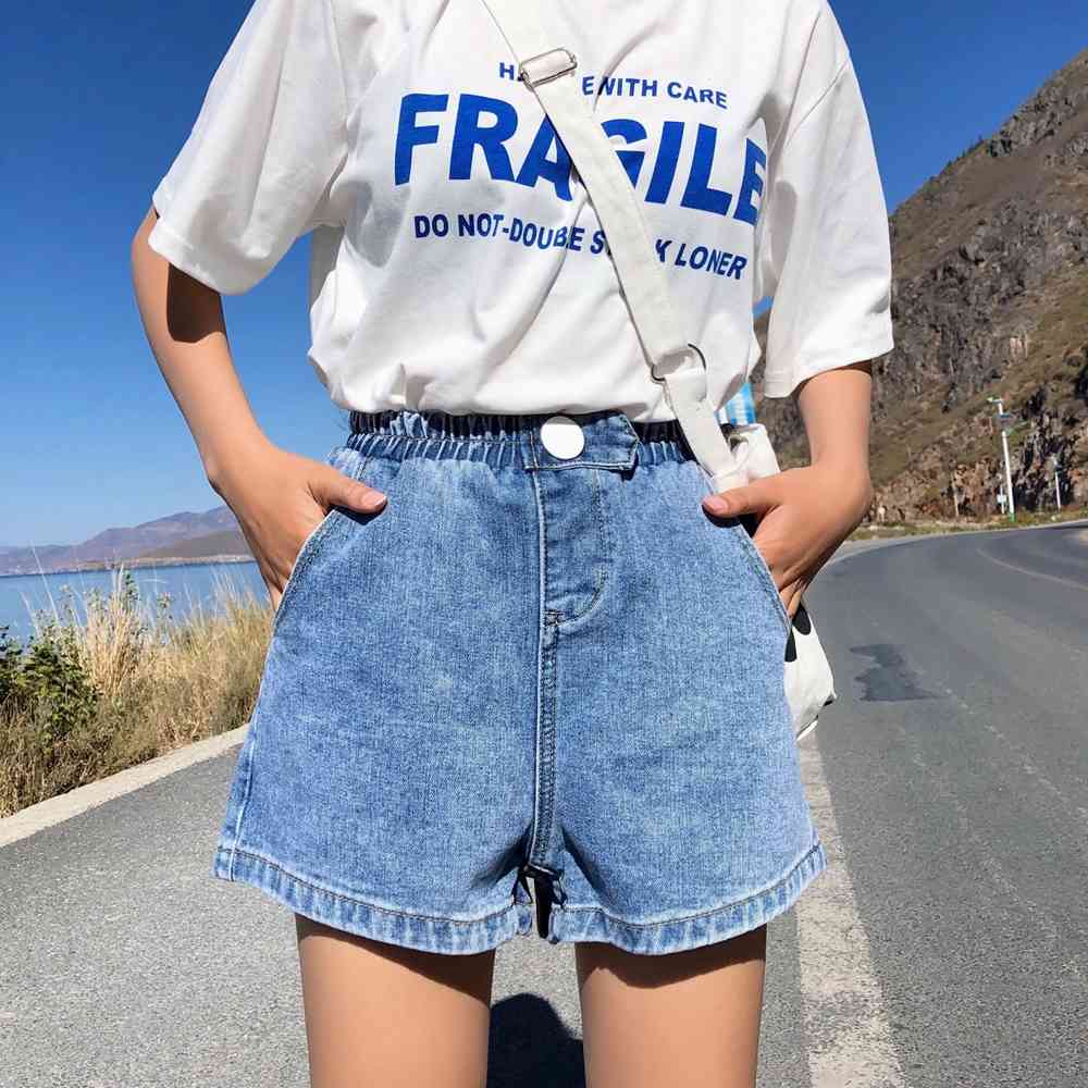 Black Blue White Pink Short Femme Summer Women Denim Arrival High Elastic Waist Wide Leg Shorts Jeans 3659 50 210417