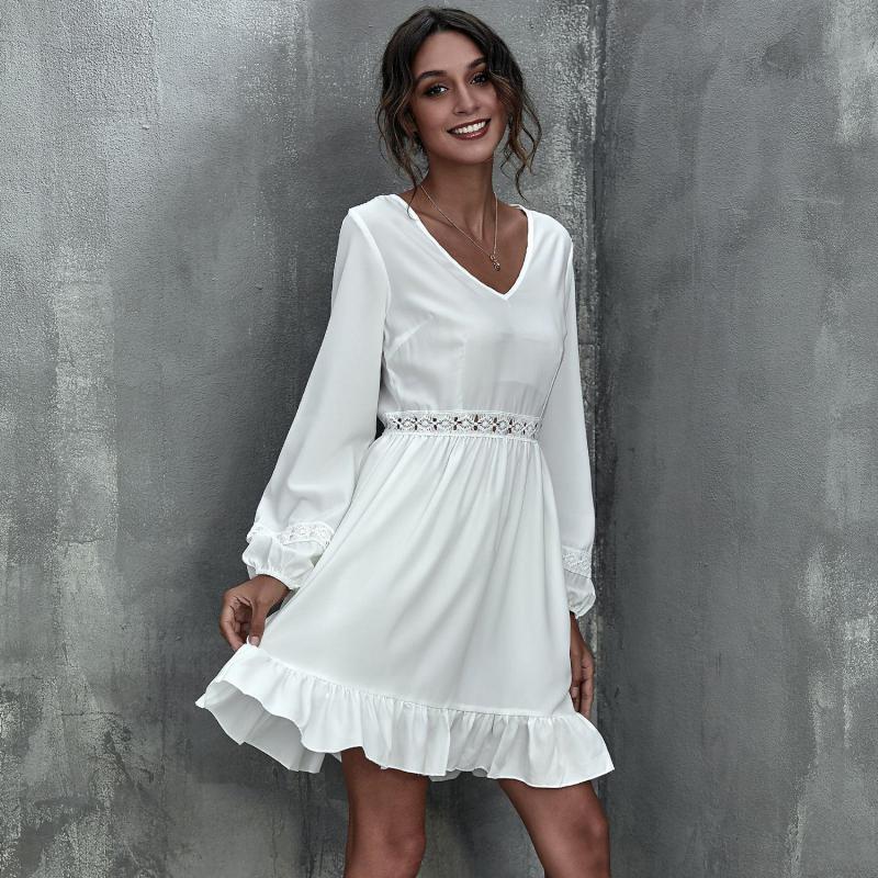 Women Dress V Neck Long Sleeve White es Hollow Out High Waisted Ruffles Mini Temperament Ladies es 210513