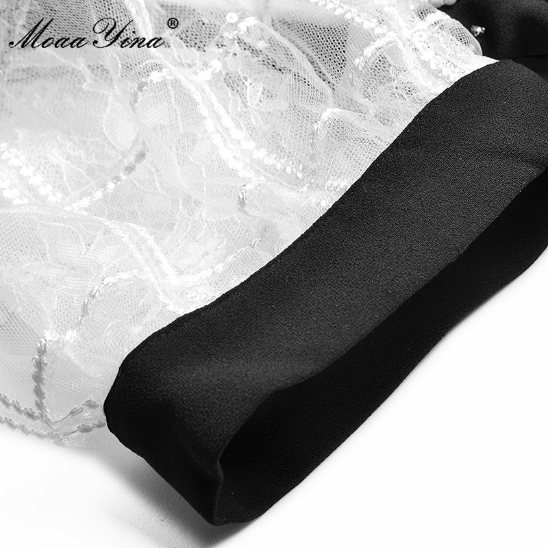 Summer Fashion Runway Black Mini Dress Women's Splicing Puff sleeve Beading High waist Short Party Vestidos 210524