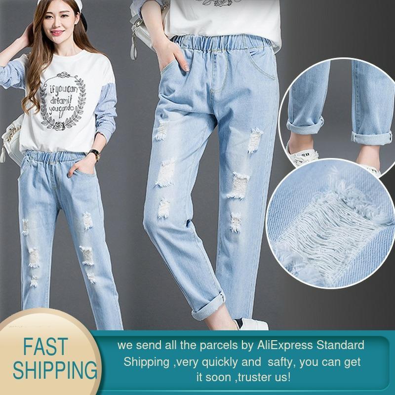 Plus Size Women Ripped Jeans Casual Spring Summer Elasticated Waist Ankle Light Blue Woman Boyfriend Denim Harem Pants 210428