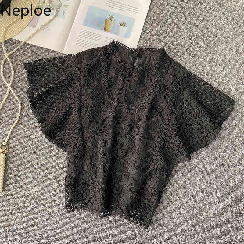 Neploe Blusas De Mujer Summer Women Lace Tops Korean Fashion Clothes See Throught Shirts Stand Neck Elegant Ladies Blouses 210422