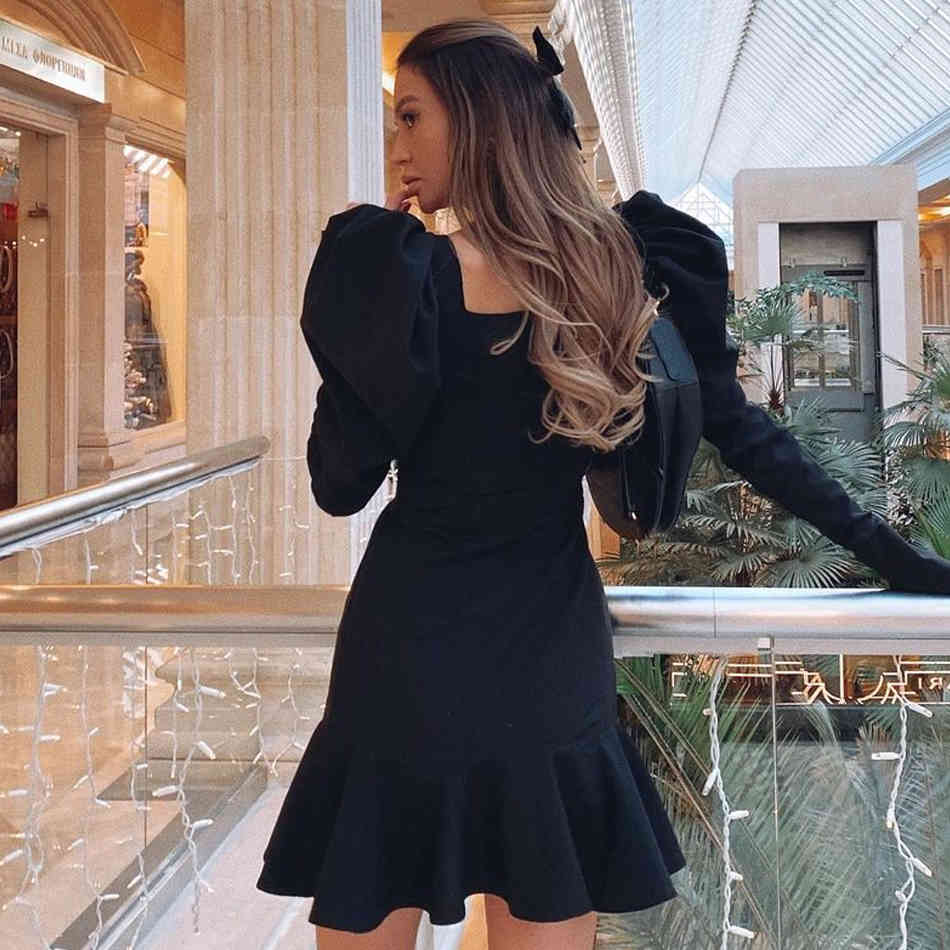 Summer Women Black Ruffles Mini Bodycon Bandage Dress Sexy Long Puff Sleeve Wrap Lady Evening Club Party Dresses 210423